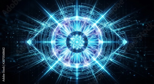 A glowing blue geometric pattern with lines and shapes on a dark background with digital elements and hantavirus