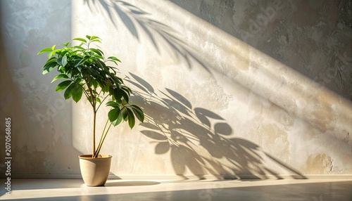 Potted Plant with Natural Sunlight and Botanical Shadow Interior Scene
