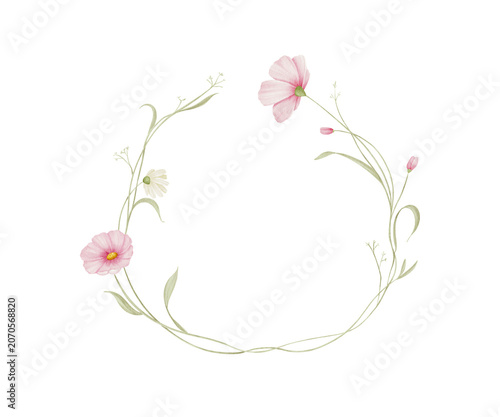 Watercolor floral wreath frame with pink flowers isolated