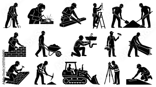 Construction Industry Worker Silhouettes Vector Icons - Tradesmen, Tools  Building Tasks Glyph Set