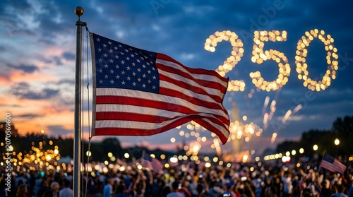 American flag waving in front of crowd celebrating 250 years with fireworks display