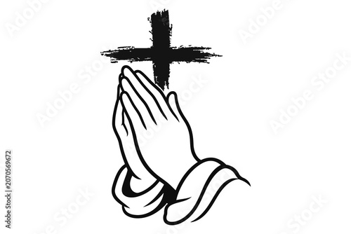 Schilderij op canvas Praying hands holding a simple cross illustration