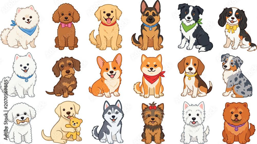 Obraz premium Cute cartoon dog breeds character set featuring popular pedigree puppies like golden retriever, german shepherd, corgi, siberian husky, poodle, and pomeranian