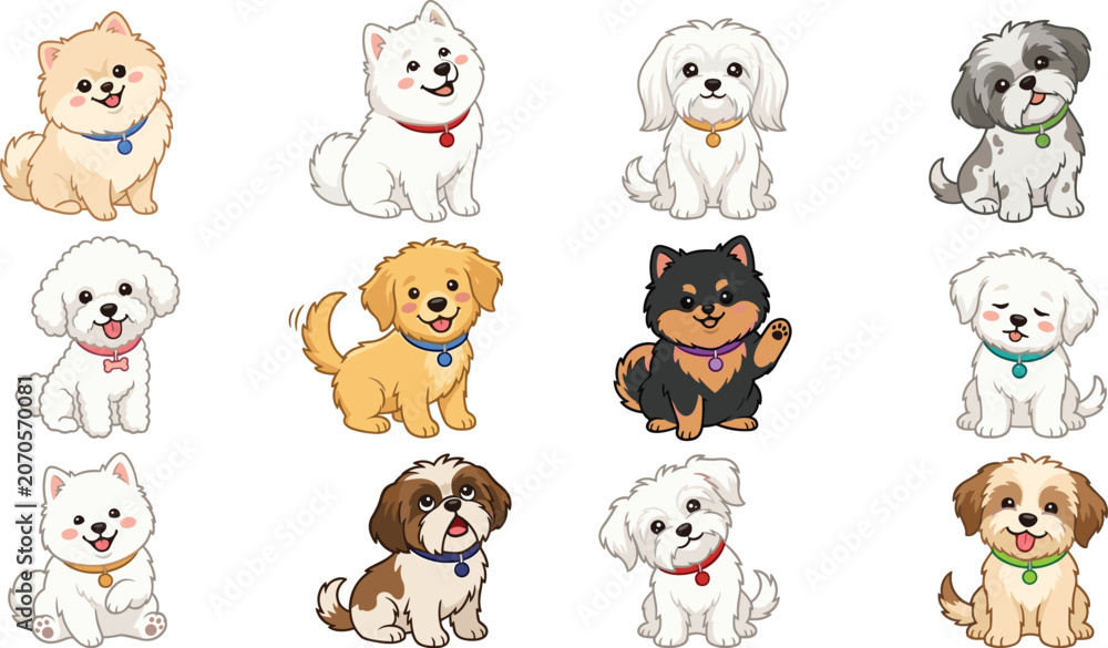 Fototapeta premium Cute cartoon fluffy dog breeds character bundle featuring happy domestic puppies like pomeranian, samoyed, maltese, bichon frise, and shih tzu wearing colorful collars
