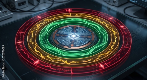 A futuristic circular device with glowing red, yellow, and green neon rings and a central circuit board