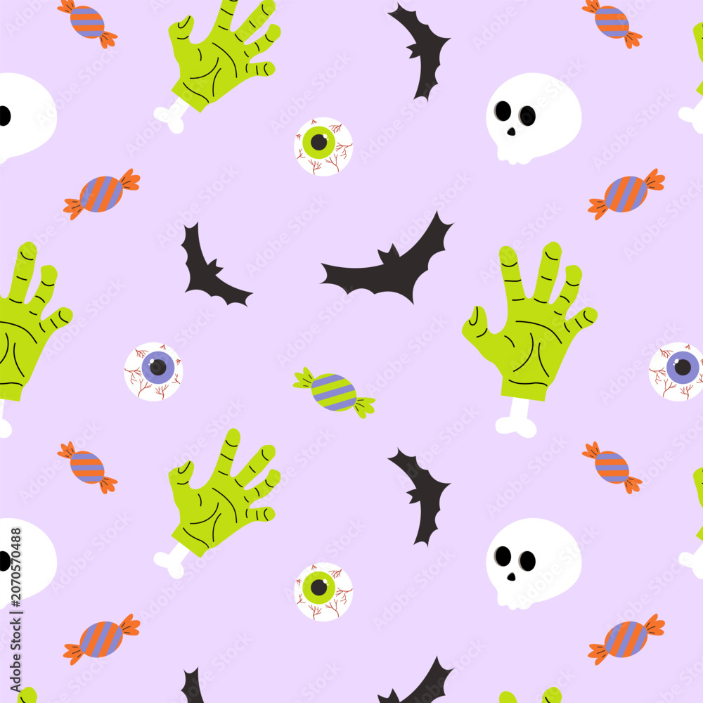 Obraz premium Spooky seamless pattern with zombie hands skull and candy for autumn party celebration on purple background. Halloween holiday decorative background fabric ornament