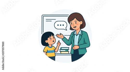 Teacher instructing a young student in a classroom setting.