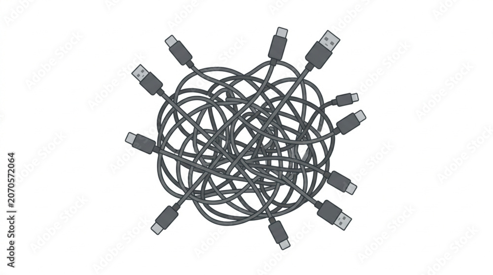 Φωτογραφία Tangled mess of USB cables and connectors.