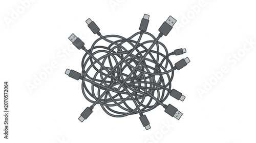 Fotografie Tangled mess of USB cables and connectors.