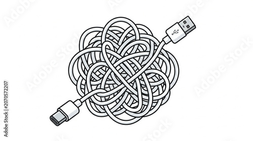 Obraz na plátně Tangled USB cable with connectors on white background.