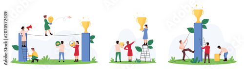 Achievement award for business team, victory in competition, champion challenge set. Tiny people carry light bulb through obstacles to gold cup, climb to top to win prize cartoon vector illustration