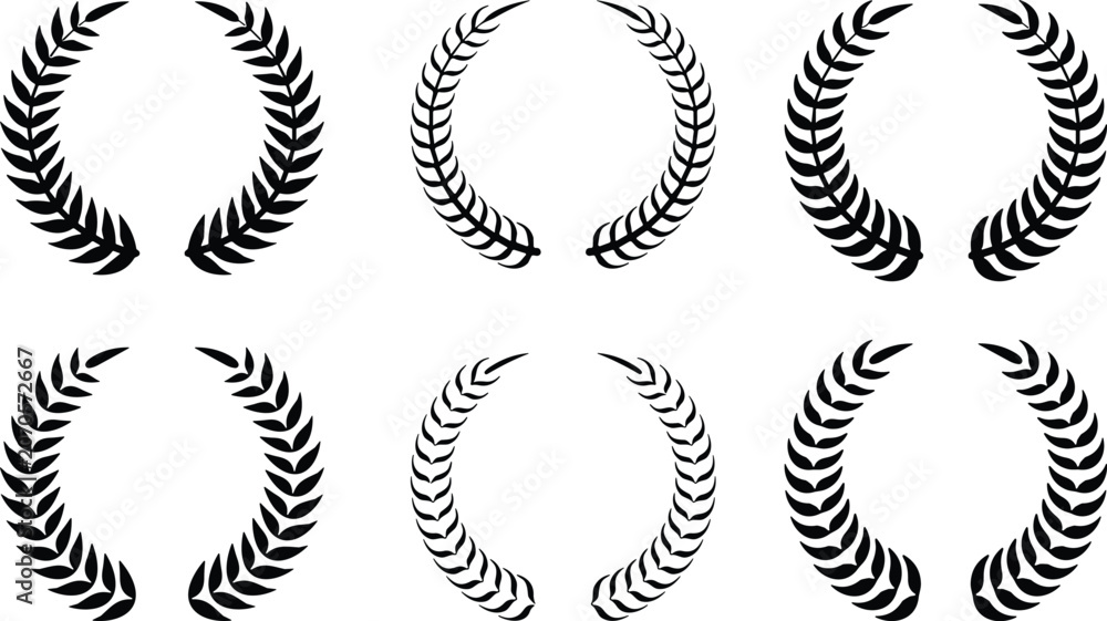Obraz premium Set of black laurel wreath silhouettes and circular branch frames for awards, achievements, logos, and design elements
