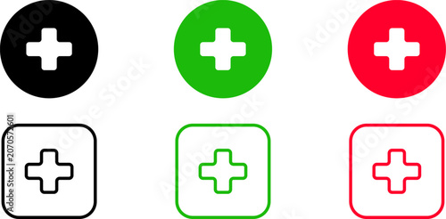 Medical cross icons set in circle and square shapes, black green and red plus sign symbols, healthcare button graphic elements