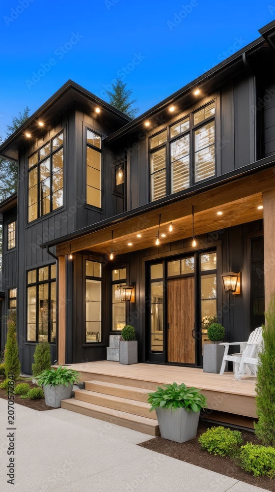 Fototapeta premium Detailed view of a welcoming house exterior at twilight featuring blue siding and wooden door with porch lights shining