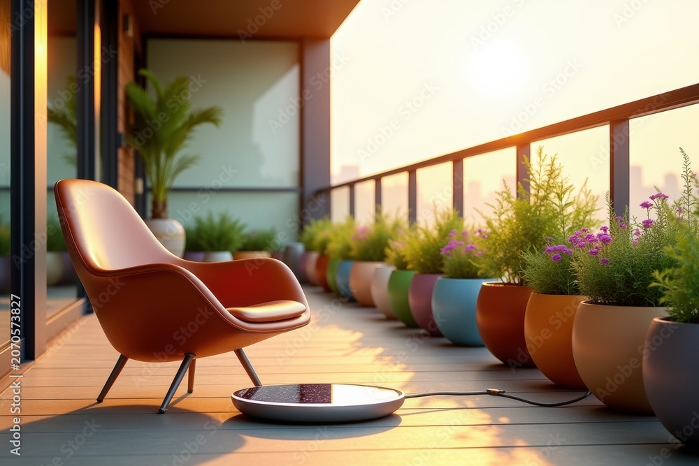 Obraz premium Modern Balcony with Potted Plants and Sunset City View