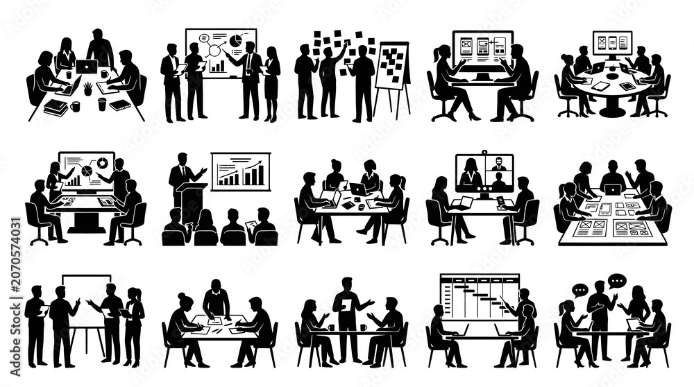 Fototapeta premium Black and White Silhouettes of Business Meetings and Teamwork