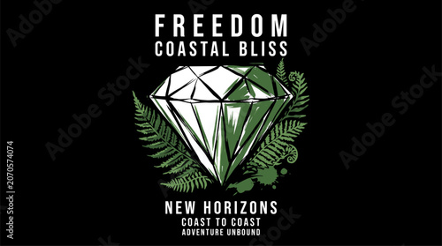 Coastal bliss diamond illustration. Adventure unbound graphic. Green fern vintage design.. Freedom