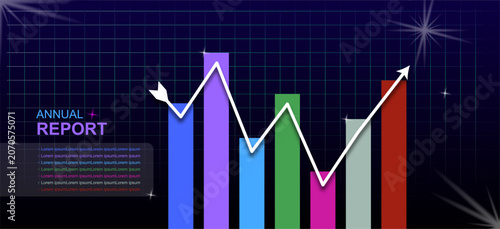 Digital graphic depicting a 3D bar chart with an overlaying trend line, often used in business presentations to visualize financial growth or annual reports.
