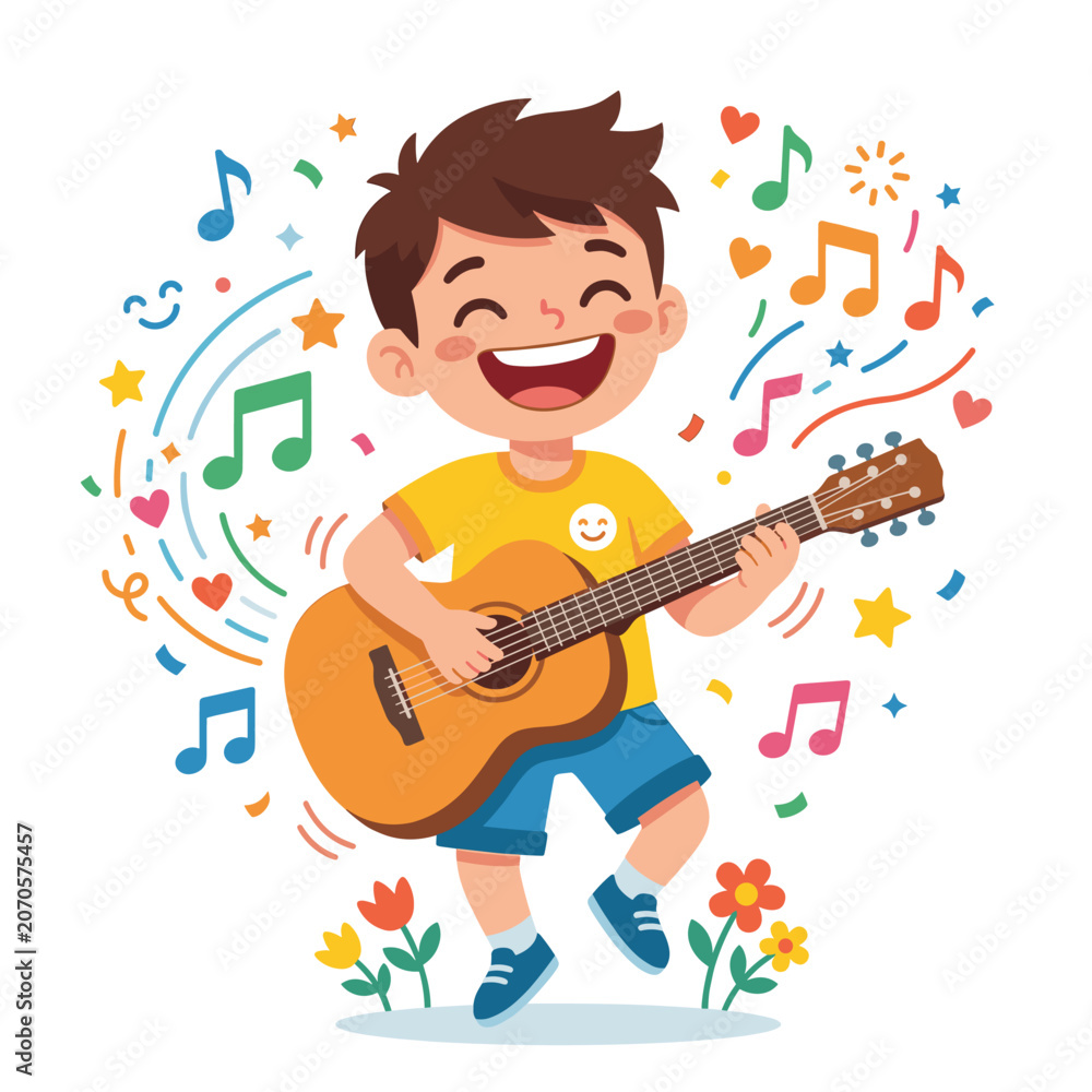 Naklejka premium Happy Boy Playing Acoustic Guitar with Music Notes