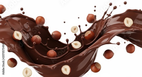 Dynamic Liquid Chocolate Splash with Whole and Halved Hazelnuts Isolated on white 
