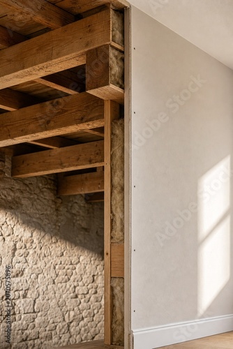 Architectural detail of exposed wooden joists against a plasterboard wall.