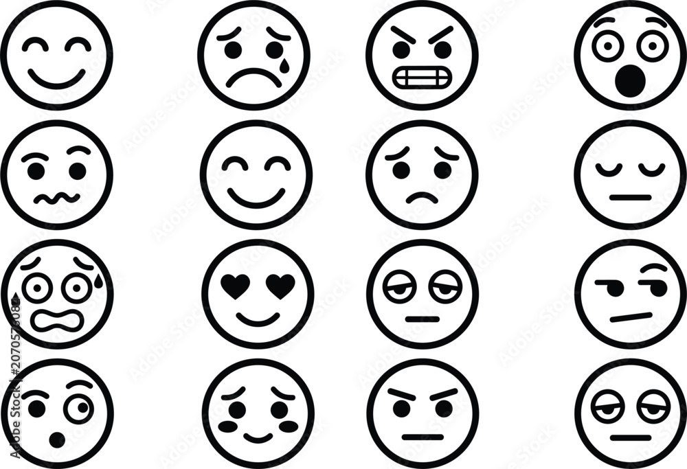 Fototapeta premium Minimalist Line Emoji Icon Set with Diverse Facial Expressions Including Happy Sad Angry Surprised Scared and Love Emoticons Vector Illustration