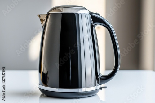 Modern black electric kettle with silver accents placed on a white surface in a well-lit contemporary kitchen setting, close-up view showcasing sleek design