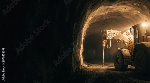 Underground Mining Jumbo Drill Machine Operating in Dark Rock Tunnel for Mineral Extraction and Tunneling Construction Projects