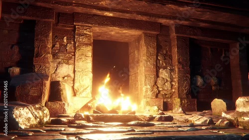 Maya Aztec civilization, Mexico culture. Mysterious, fantasy. A vivid portrayal of an ancient temple interior, bathed in a warm, golden light.