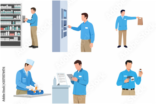 Pharmacist character set working in pharmacy performing inventory, dispensing medicine, and using automated systems
