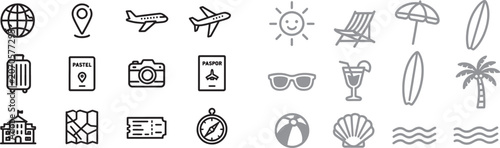 Travel and beach holiday vector icon set with airplane suitcase passport camera sun surfboard and palm tree