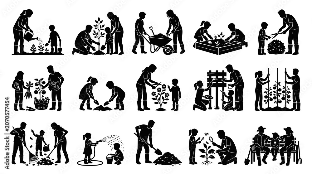 Fototapeta premium Gardening Family Activities Silhouette Glyph Icons Set: People Planting, Harvesting, and Caring for Plants