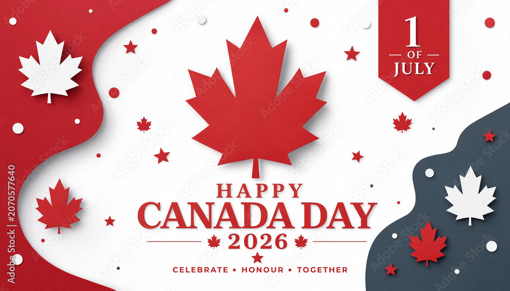 Fototapeta premium Canada Day 2026 Decorative Paper Cut Maple Banner for National Holiday Celebration