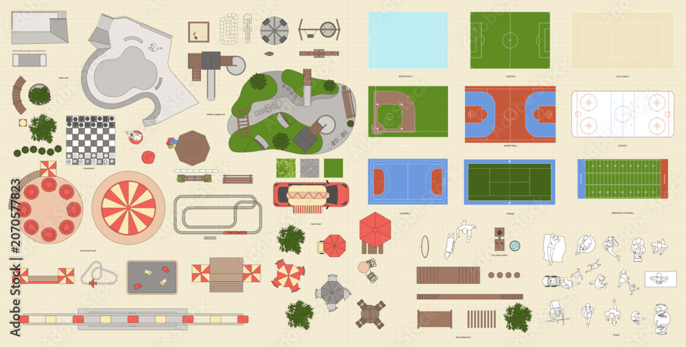Obraz premium Top view of an amusement park. Vector illustration of colourful isolated objects. Amusement rides, playing fields, skate park, children's playground, dog play area, chessboard etc.