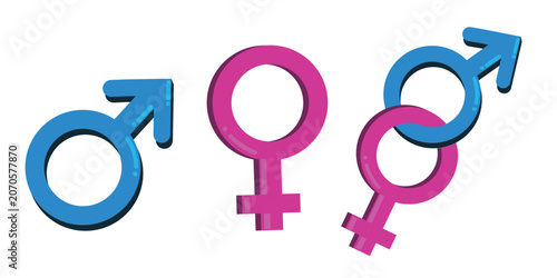 A colorful 3D vector illustration set featuring male, female, and linked gender symbols. Perfect for healthcare, demographics, relationship themes, and gender identity graphic designs.