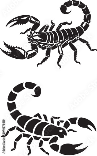 Obraz na plátne Black scorpion vector silhouettes with sharp claws and curved stingers for graph