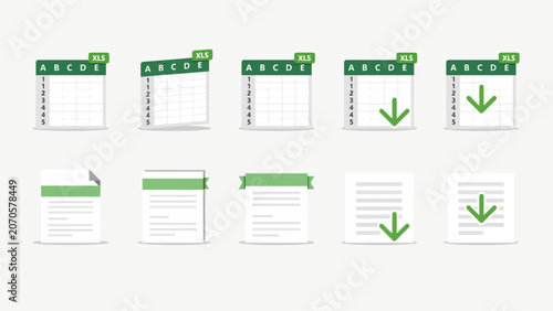 Obraz na płótnie Spreadsheet and document pages with green tabs a vector illustration series excel sheet worksheet data table grid layout page