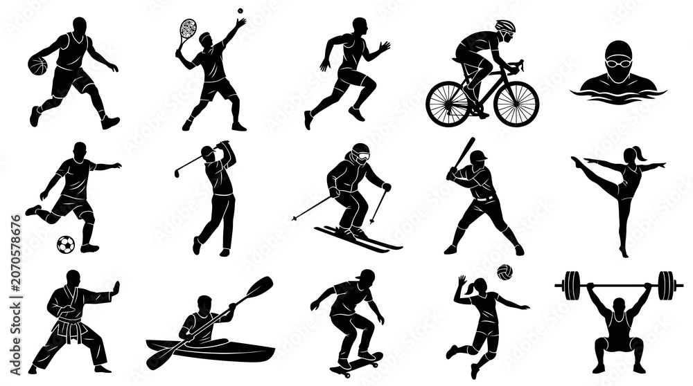 Fototapeta premium Sports Athletes Silhouettes Glyph Vector Icons Set - Diverse Sporting Activities Black and White Collection