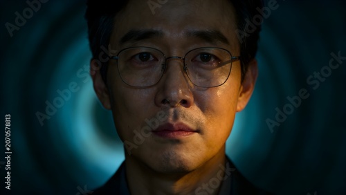 Close up portrait of a serious middle aged Asian man wearing glasses, deep tunnel background, conceptualizing eye disease or stress.