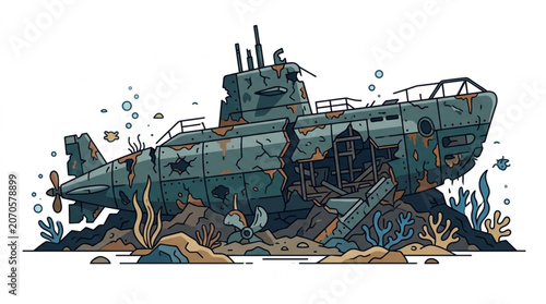 Foto Sunken Submarine Wreckage on Ocean Floor with Marine Life.