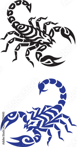 Obraz na plátne Tribal scorpion tattoo vector designs in black and blue colors with sharp claws
