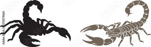 Foto Scorpion vector illustration and black silhouette set with stinger and claws for