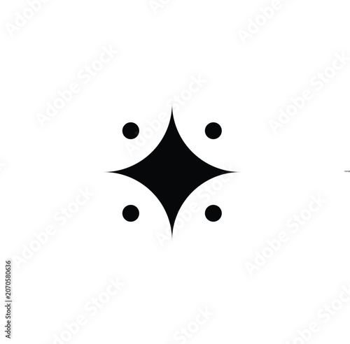 Black abstract symbol with four pointed star shape and smaller circles geometric design element for graphic design branding and digital art projects