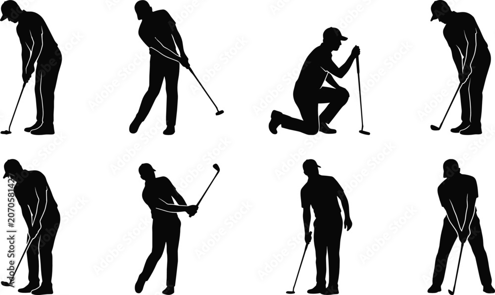 Naklejka premium Golf Player Silhouette Set Featuring Putting Swinging and Course Action Poses