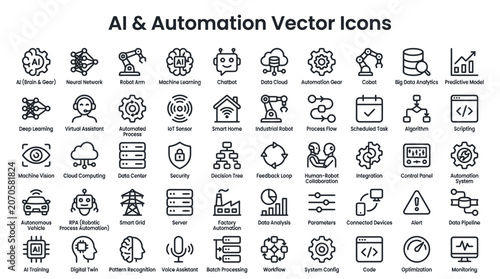 Comprehensive Set of Artificial Intelligence and Robotic Automation Vector Line Icons for Digital Technology Interfaces