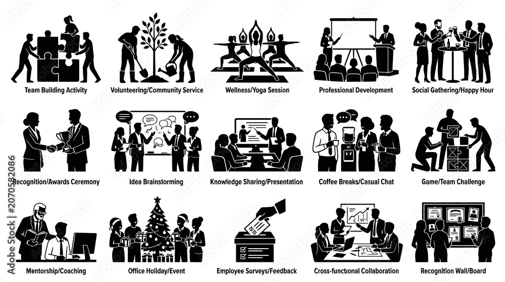 Obraz premium Black White Glyph Icons Set of Business Workplace Activities and Employee Engagement Concepts