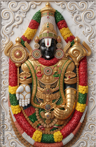 Divine Lord Venkateswara Balaji adorned with traditional gold jewelry and silk