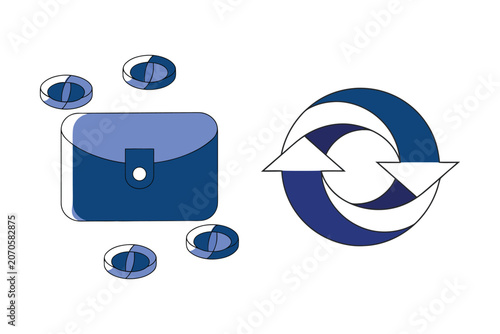 Business briefcase with scattered coins and circular exchange arrows illustrating financial transactions and global currency movement flow.