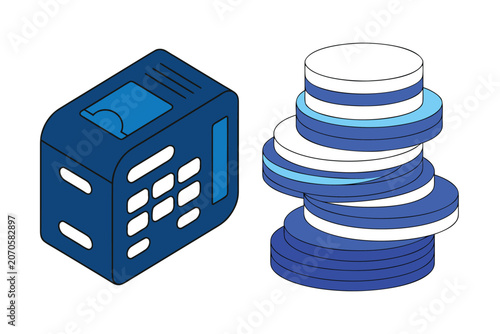Payment terminal and coin stack isometric illustration representing financial transaction banking service modern digital money management.