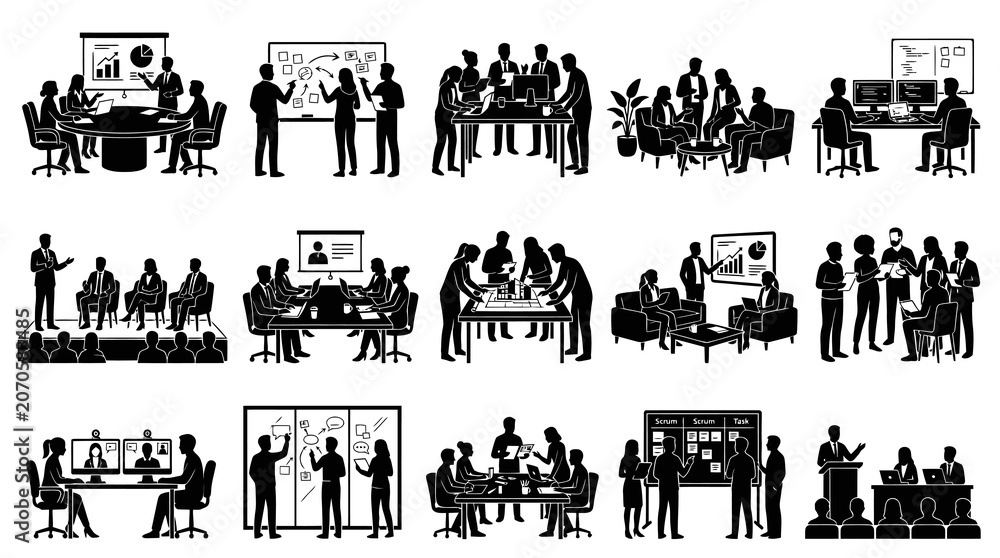 Obraz premium Business Meeting Silhouettes: Diverse Team Collaboration Presentation Vector Art